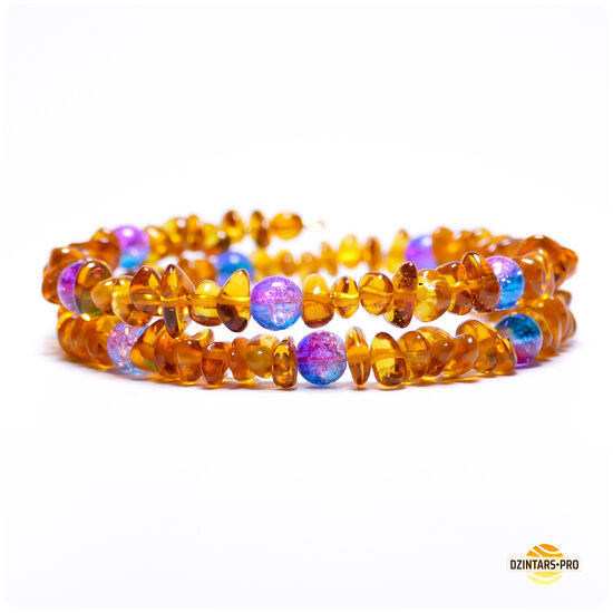 Bezizmēra • Medus krāsas dzintara gabaliņu un stikla bumbiņu rokassprādze uz stieples - daudzrindu, 2 vijumi